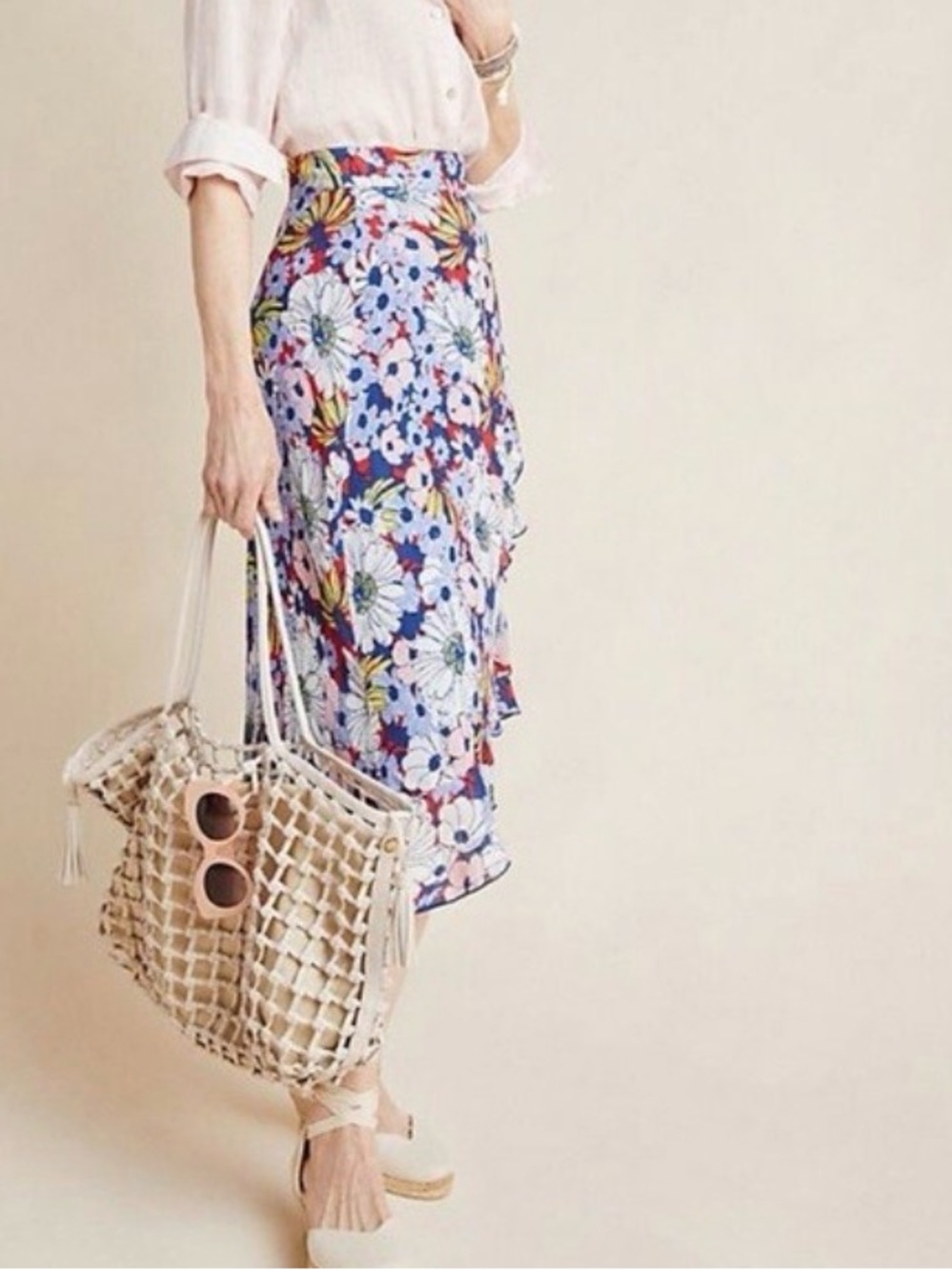 Maeve Anthropologie Floral Wrap Midi Skirt Ruffle Hem Blue Size S